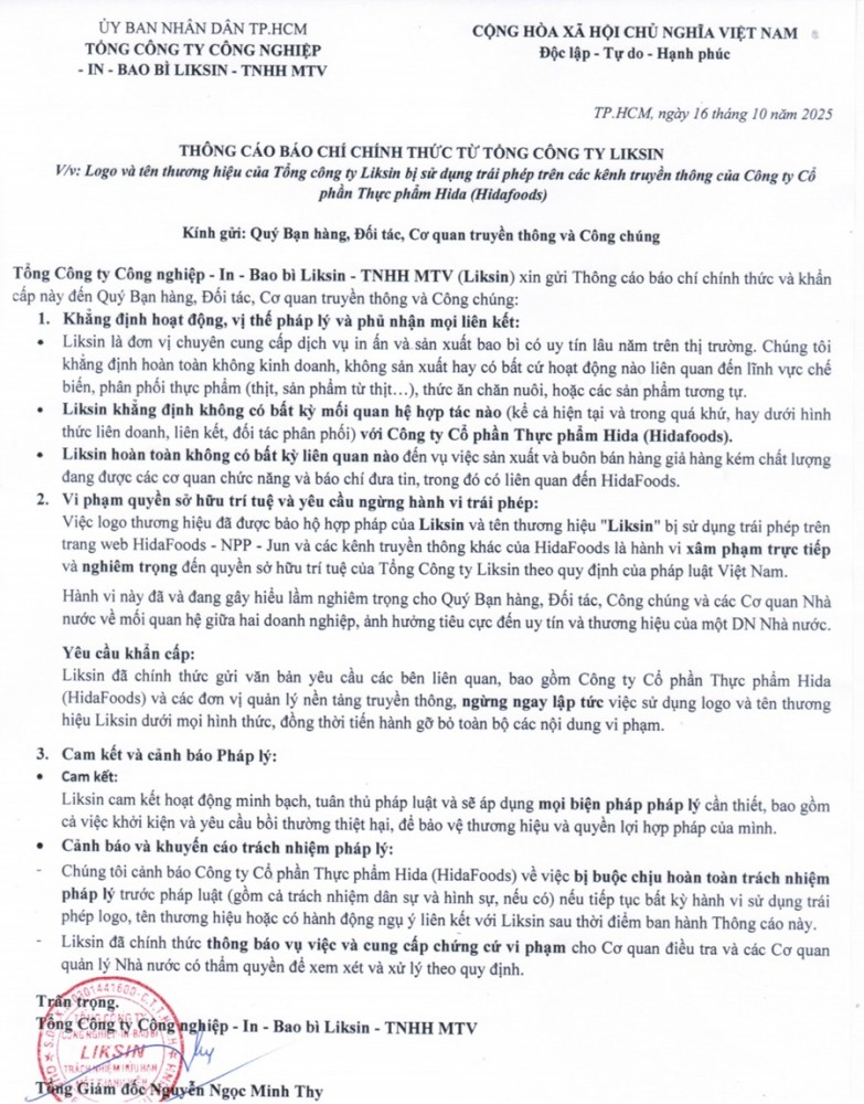 Thông cáo báo cí chính thức của Tổng công ty Liksin